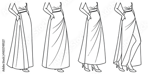 Vector of Slit Skirt Silhouette – Women’s Fashion Skirt Styles, Midi and Long Skirts, Casual and Elegant Outfits, Female Dress Shapes, Minimalist Line Art