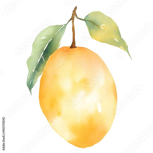 Hand-painted illustration of a vibrant yellow fruit with leaves.