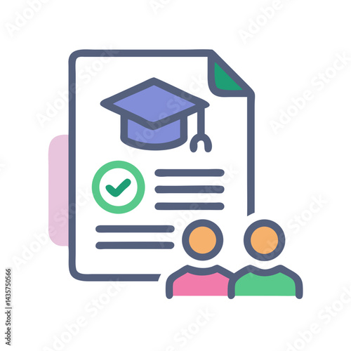 Approved educational program with students, graduation cap icon