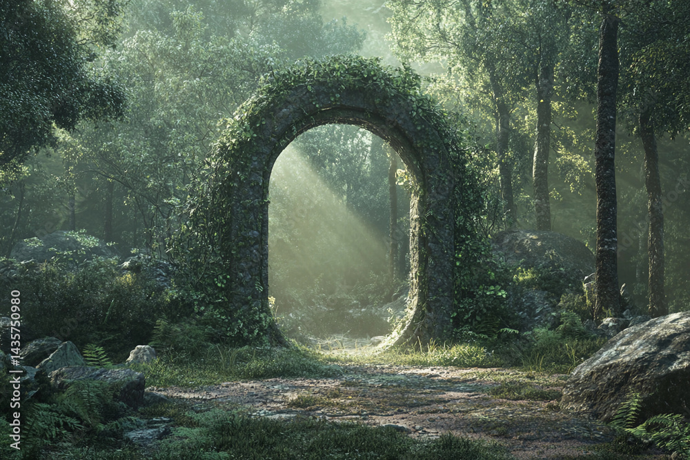 Obraz premium Mysterious stone gateway stands in a serene forest surrounded by tall trees on an overcast day