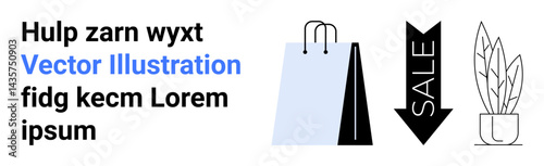 Shopping bag, downward arrow with sale text, and decorative potted plant. Ideal for retail, discounts, e-commerce, eco-conscious branding, marketing, promotions simple landing page