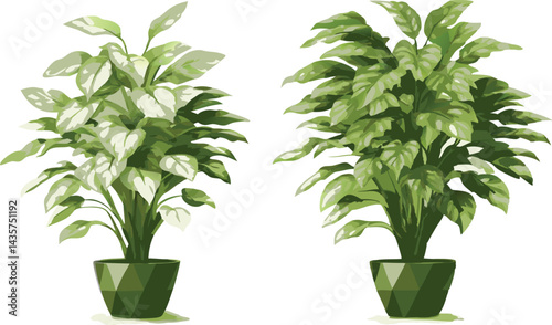 Watercolor botanical illustration of potted indoor plants with green foliage and ceramic pots on a white background for home decor