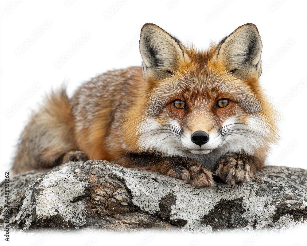 Fototapeta premium A close-up view of a resting red fox on a rocky surface with a white background