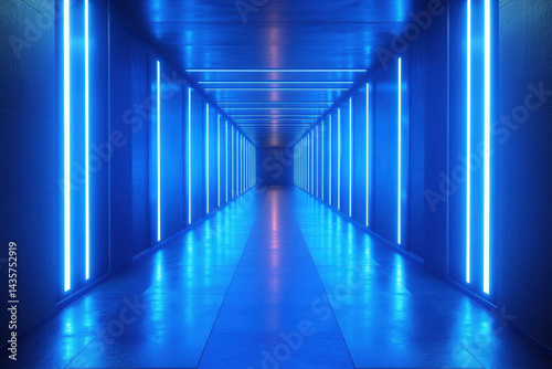 Long corridor with blue lights illuminating the path, creating a futuristic ambiance and guiding the way forward.