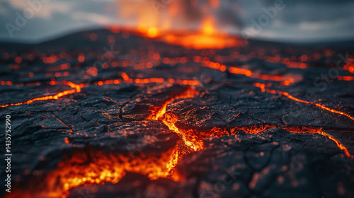 
Cracked earth with glowing fissures, tectonic plates shifting below, symbolizing geological time and planetary transformation