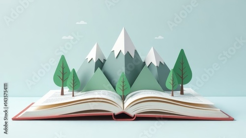 Pop-up book with paper mountains and trees on pastel background, creative storytelling concept.
