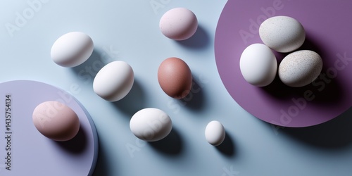 A collection of eggs of different sizes and colors are arranged on a purple background. The eggs are placed in a circular pattern, with some overlapping each other. Scene is one of simplicity