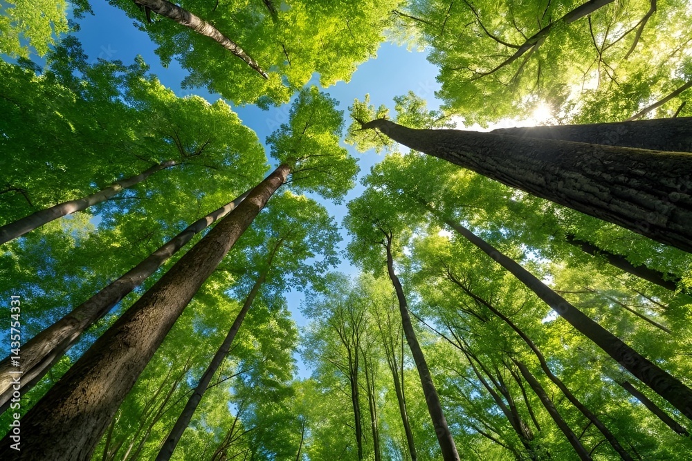 Fototapeta premium Low Angle Forest View with Tall Trees, Vibrant Green Canopy, and Sunlight in a Serene Landscape