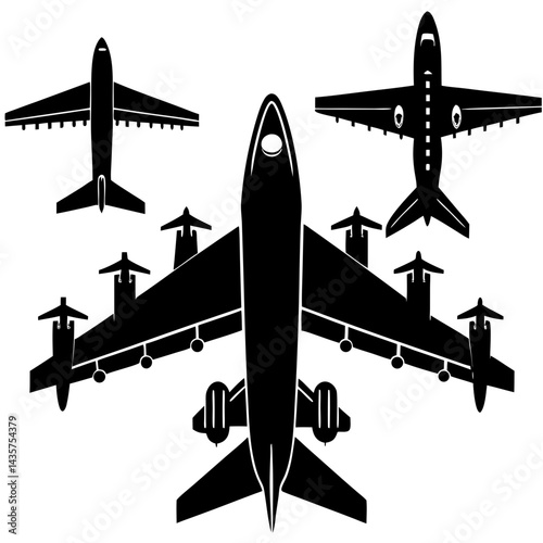 Various top-down view silhouettes of airplanes in black