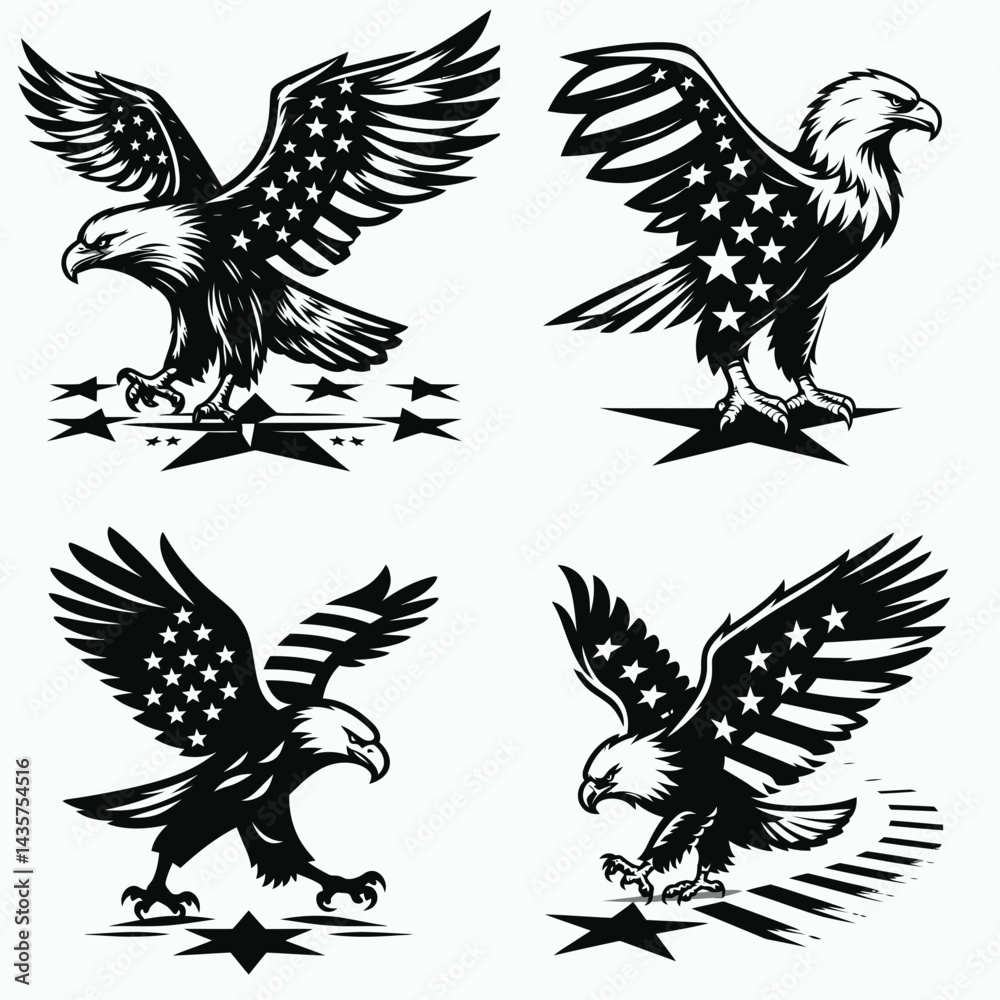 Obraz premium Bald eagle with American flag print on wings stepping forward onto a single star footprint. 4th of july Independence Day patriotic Clipart.