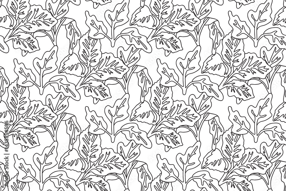 Line art floral seamless pattern with leaves vector illustration. Hand drawn outline repeating foliage in white background. Graphic design for Cover Coloring Book Textile Fashion Print Birthday Card Line art floral seamless pattern with leaves vector illustration. Hand drawn outline repeating foliage in white background. Graphic design for Cover Coloring Book Textile Fashion Print Birthday Card