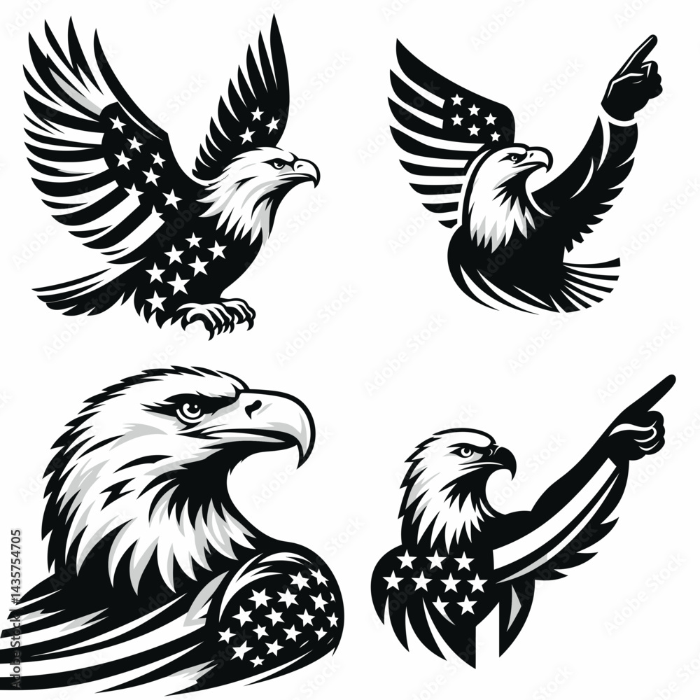Fototapeta premium Bald eagle with American flag print on wings pointing upward to the sky. 4th of july Independence Day patriotic Clipart.