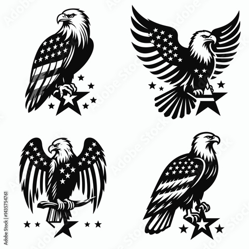  Bald eagle with American flag print on wings perched a single star. 4th of july Independence Day patriotic Clipart.