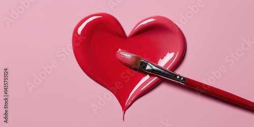 A red heart is painted on a pink background with a red brush. The brush is pointing to the heart, emphasizing its importance. Concept of love and affection, as the heart is a symbol of these emotions