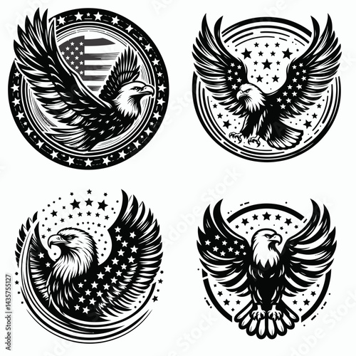  Bald eagle with American flag print on wings framed by a swirling ring of stars. 4th july Independence Day patriotic Clipart.