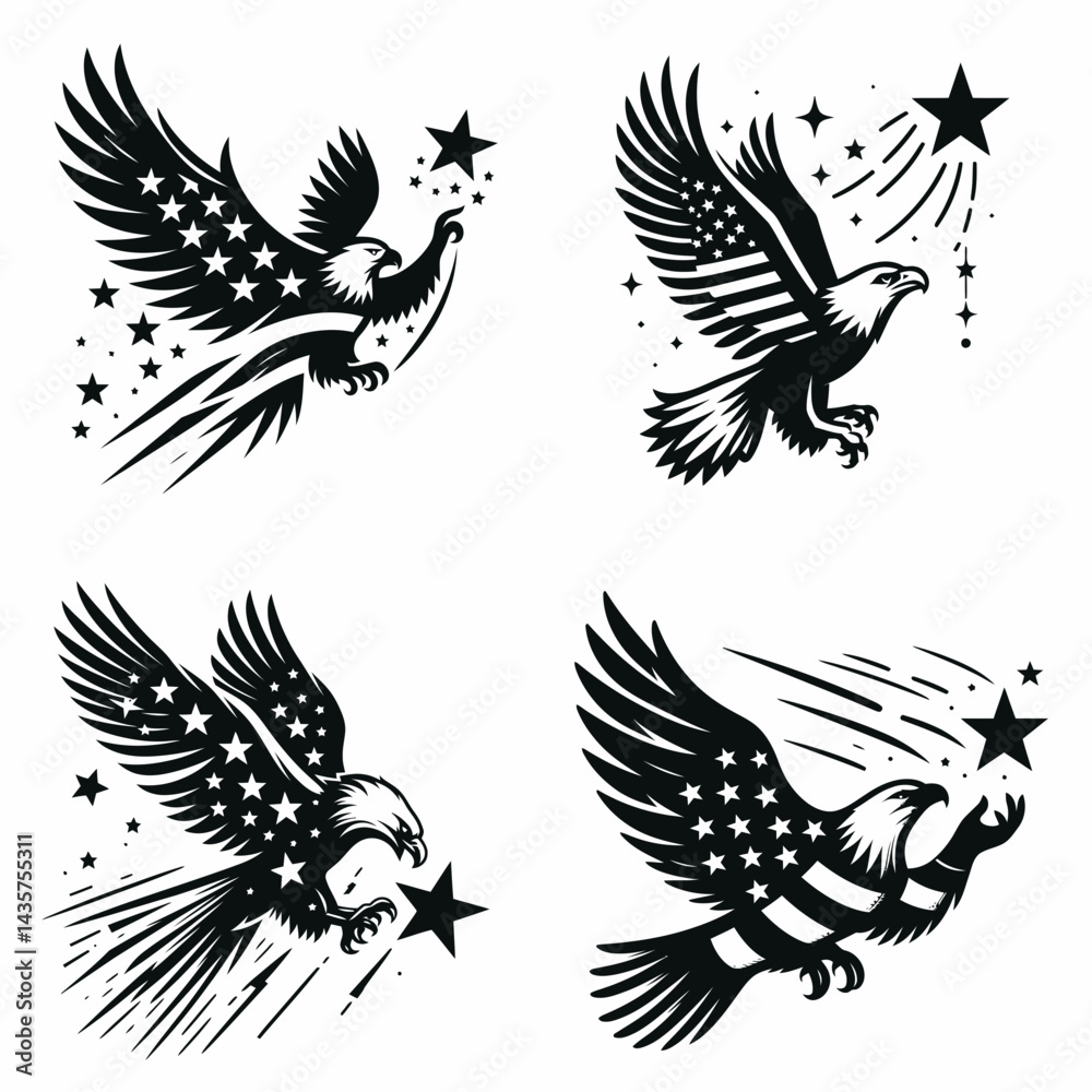 Fototapeta premium Bald eagle with American flag print on wings catching a falling star. 4th of july Independence Day patriotic Clipart. Avian portrait stars-and-stripes pattern grabbing comet.
