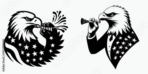 Bald eagle with American flag print on wings blowing a small party horn. 4th of july Independence Day patriotic Clipart. Majestic avian portrait stars & stripes plumage tooting festive.