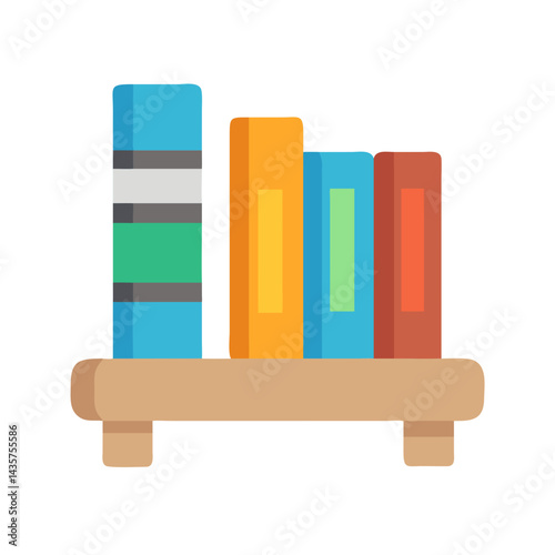 Stylized bookshelf illustration with blue orange and red books
