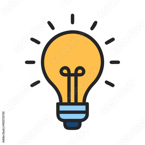 Isolated yellow light bulb with rays on black background