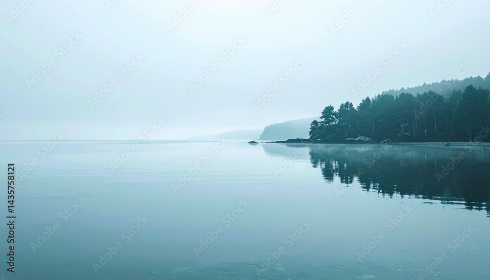 Calm reflection on misty waters serene coastal landscape nature photography tranquil environment wide-angle view peaceful concept Calm reflection on misty waters serene coastal landscape nature photography tranquil environment wide-angle view peaceful concept