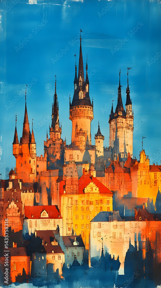 Obraz premium Majestic castle town skyline at sunset warm hues paint the buildings and towers