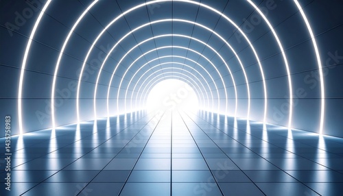 Illuminated tunnel journey futuristic space digital art minimalist design wide angle exploration of light and shadows