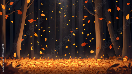 35. Autumn background with golden autumn leaves falling on the ground in a forest
