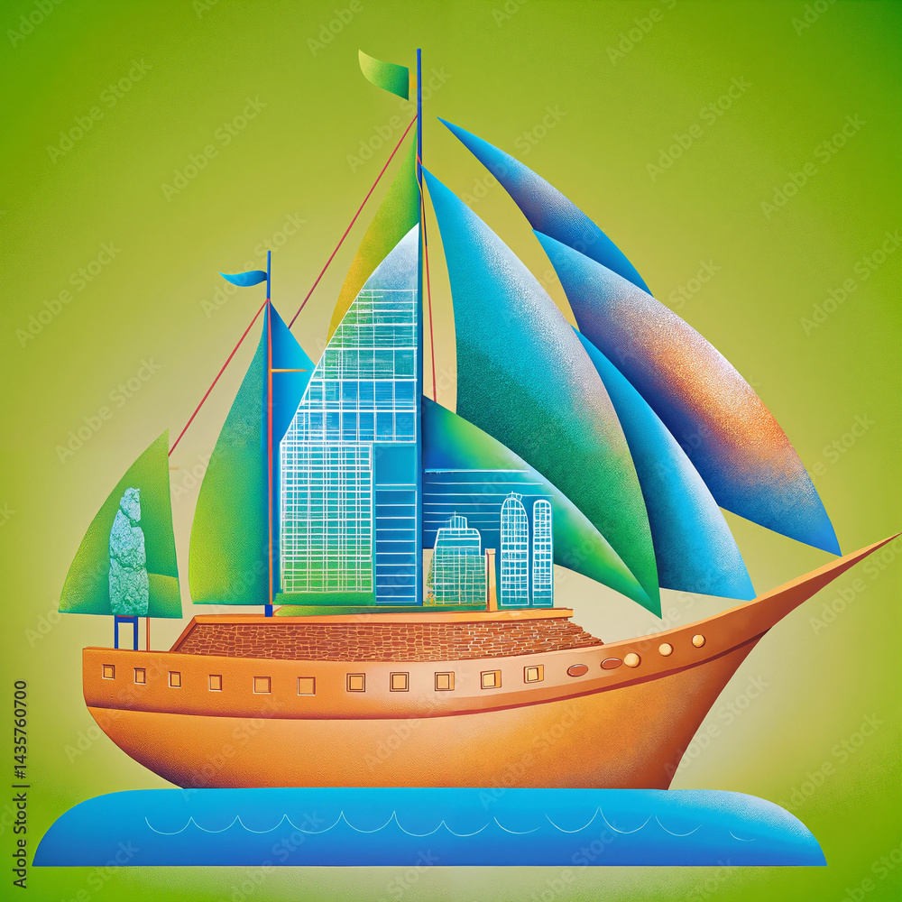 Colorful sailboat depicted with modern buildings in vibrant style