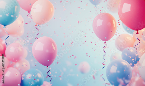 Colorful helium balloons and confetti floating freely, ideal for birthday parties, weddings, event posters, and promotions.