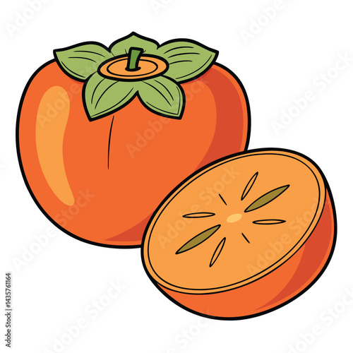 Ripe persimmon fruit, whole and sliced