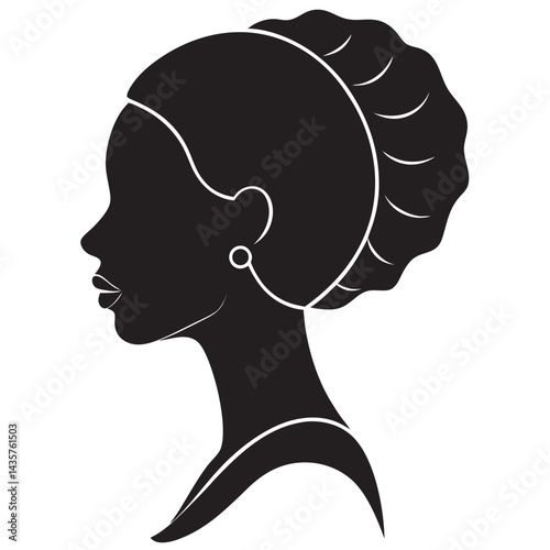 Black silhouette of the head of an african woman in profile 