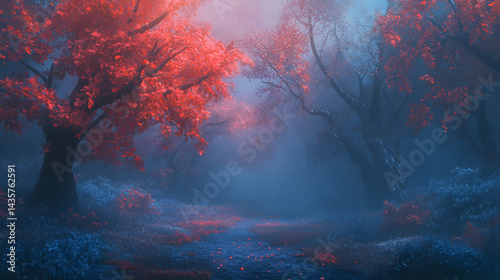 48. Beautiful mystical forest in blue fog in autumn. Colorful landscape with enchanted trees with orange and red leaves. Scenery with path in dreamy foggy forest. Fall colors in october. 