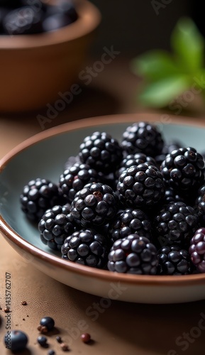 A rustic wooden table holds a bowl filled with fresh, ripe blackberries, surrounded by natural greenery and blurred pottery in the background