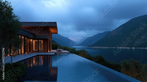 Modern house with infinity pool at dusk overlooking a lake and mountains