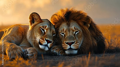 Wallpaper Mural Two lions sleeping together in the savanna at sunset. Torontodigital.ca