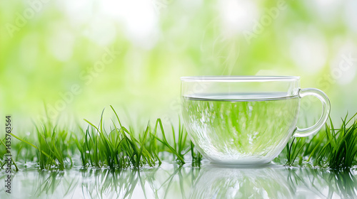 56. cup grass of water on white and green background