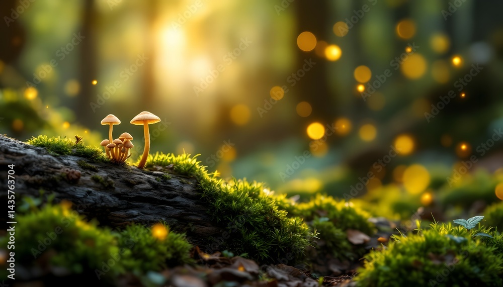 Fototapeta premium Magical mushrooms glowing under forest light