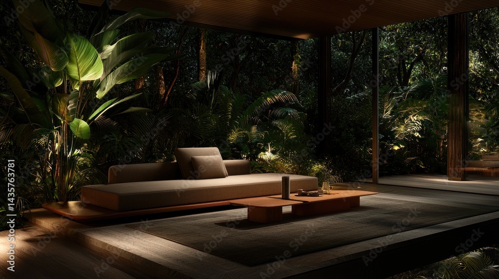 Fototapeta premium Modern outdoor lounge in tropical garden at night