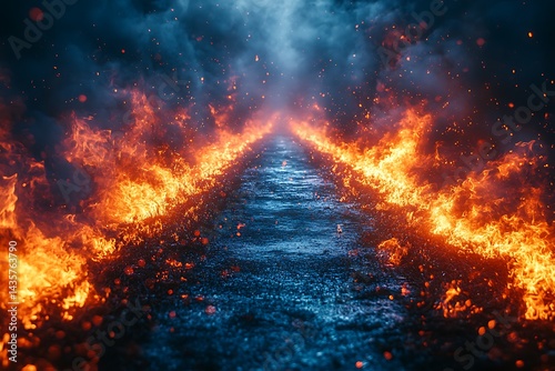 Fiery path leading into the distance burning hellscape with embers