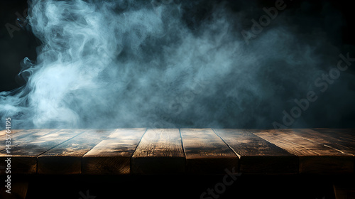 59. empty wooden table with smoke float up on dark background