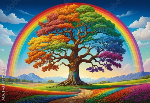 The painting of the rainbow tree has a path leading to it