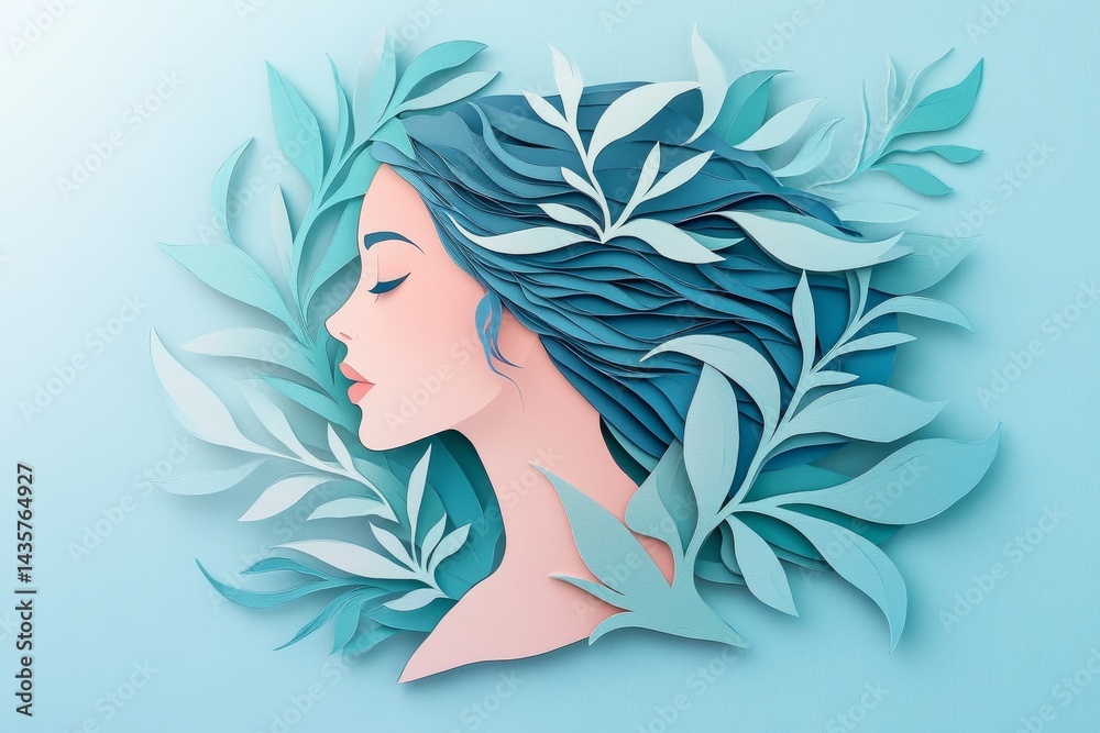 Delicate profile portrait of a woman adorned with pastel foliage. Delicate profile portrait of a woman adorned with pastel foliage.