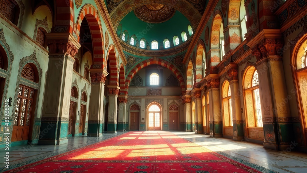 Obraz premium Serene Interior of a Grand Mosque Sunlight Illuminates Ornate Arches, Intricate Designs, and a Rich Red Carpet