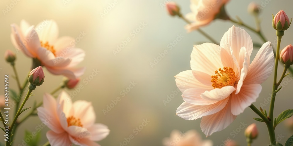 Obraz premium Serene Pastel Blossoms in Soft Sunlight Delicate Petals Unfolding, Gentle Breeze, Tranquil Garden Scene