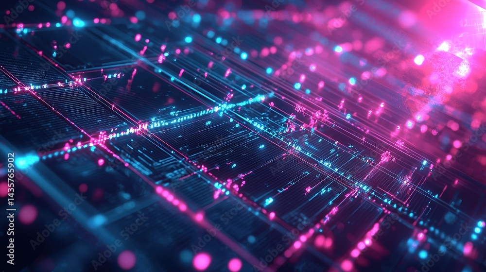 Fototapeta premium Vertical Neon Data Streams over Quantum Circuit Grid