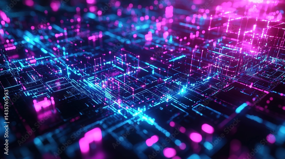 Obraz premium Vertical Neon Data Streams over Quantum Circuit Grid
