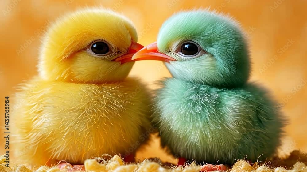 Two Cute Baby Chickens Close Up.