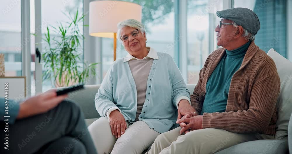 Clipboard, senior couple and smile with financial advisor on sofa in living room of home. Budget, consulting or good news with broker, old man and woman in apartment for insurance or investment Clipboard, senior couple and smile with financial advisor on sofa in living room of home. Budget, consulting or good news with broker, old man and woman in apartment for insurance or investment