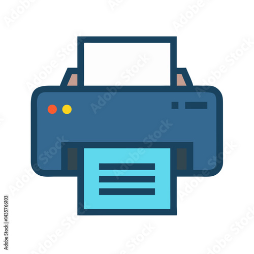 Blue printer machine with paper in flat design style