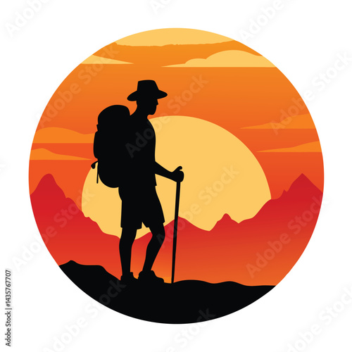 Hiker silhouette at sunset on white background vector illustration